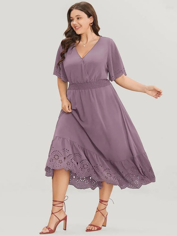 Solid Laser Cut Shirred Pocket Wrap Scalloped Trim Flutter Dress