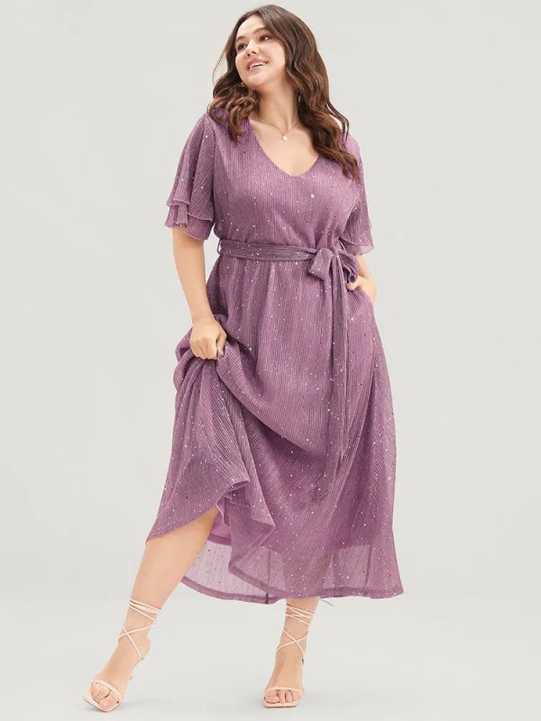 Plain V Neck Mesh Pocket Ruffle Tiered Belted Midi Dress