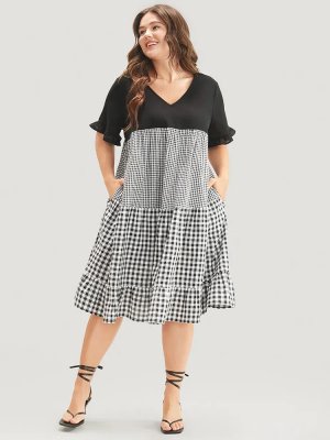 Gingham Patchwork V Neck Pocket Ruffles Dress