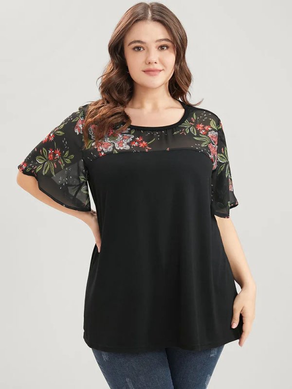 Floral Mesh Patchwork Ruffle Sleeve T-shirt