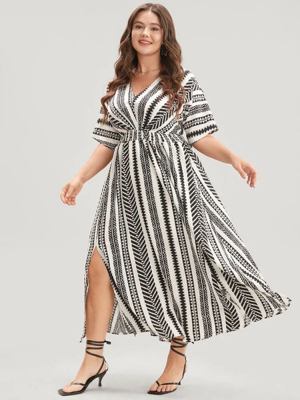 Solid Geometric Dolman Sleeve Pocket Shirred Split Hem Dress