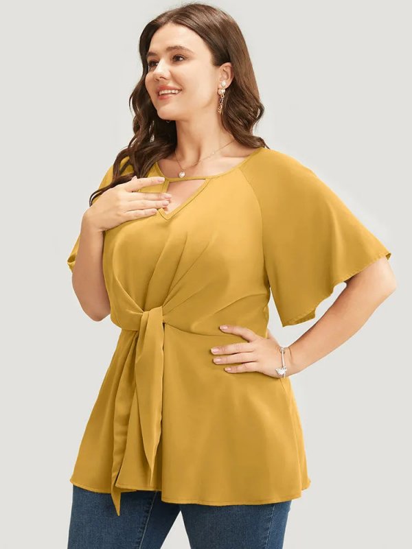 Plain Keyhole Knotted Front Ruffle Sleeve Blouse