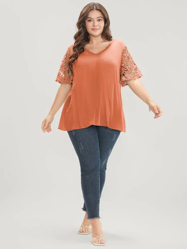 Plain V Neck Floral Patchwork Blouse