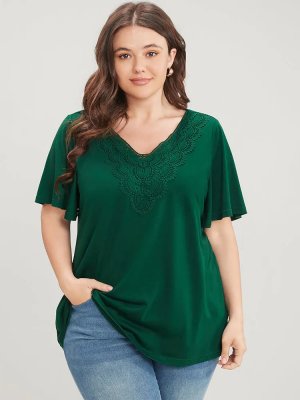 Solid Ruffle Sleeve Lace V Neck T-shirt