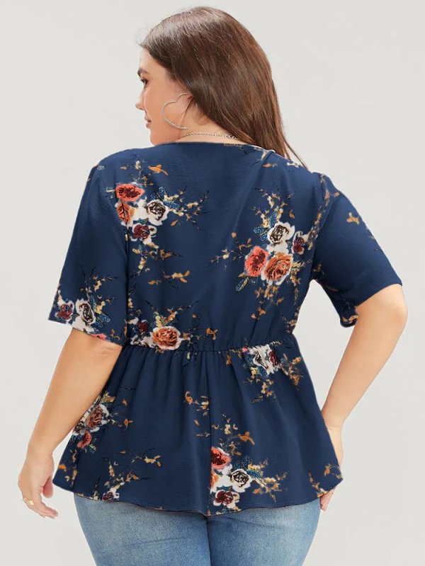Floral Print Wrap Ruffles Asymmetrical Hem Blouse