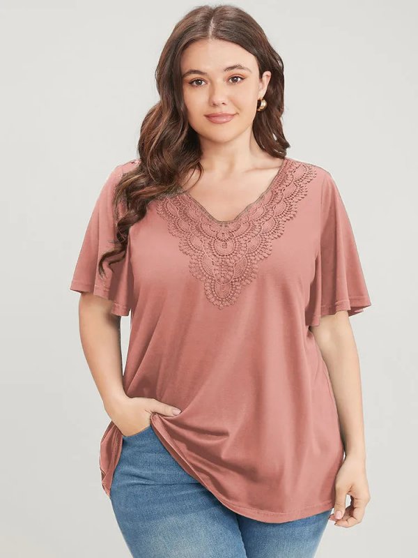 Solid Ruffle Sleeve Lace V Neck T-shirt