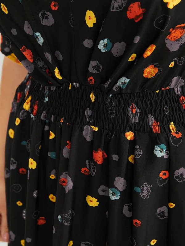 Floral Printed Pocket V Neck Shirred Split Hem Dress