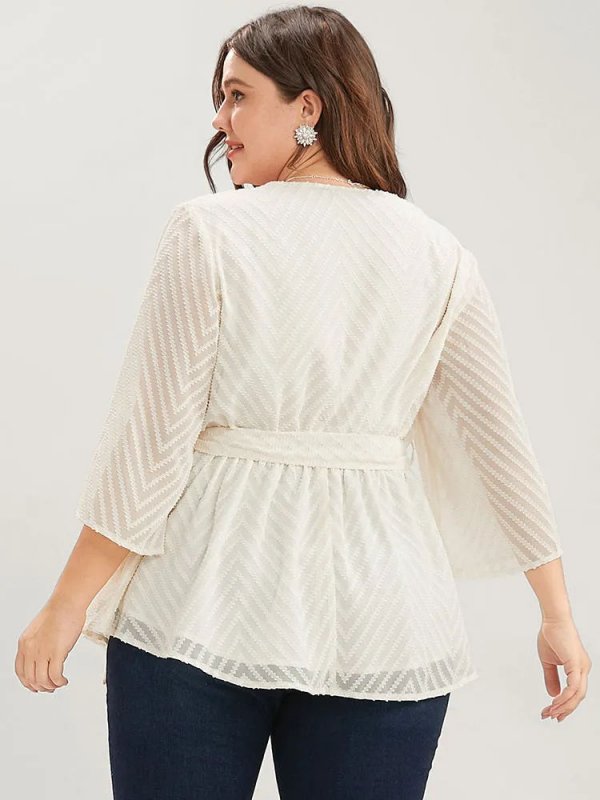 Plain Geometric Mesh Surplice Neck Belted Ruffles Blouse