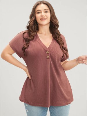 Solid Dolman Sleeve Button Detail Waffle Knit T-shirt