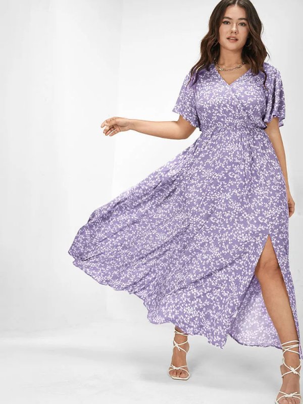 [Hot Sale] Flutter Sleeve Ditsy Floral Pocket Split Maxi Dress