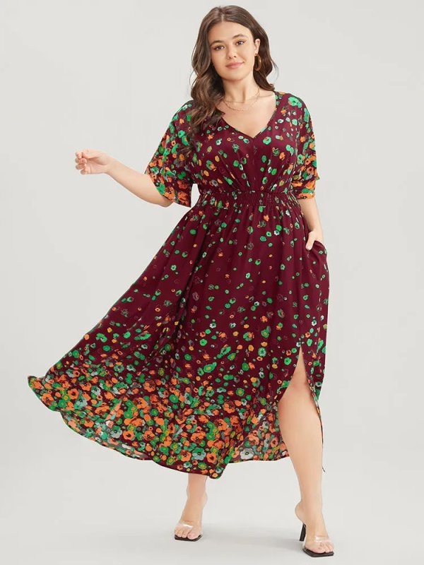 Floral Printed Pocket V Neck Shirred Split Hem Dress