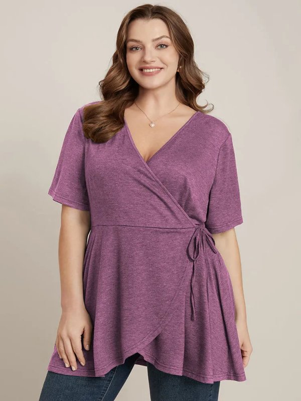 Solid Button V Neck Ruffles Blouse