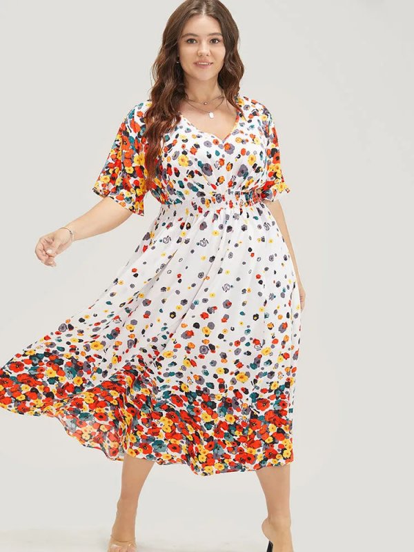 Floral Printed Pocket V Neck Shirred Split Hem Dress