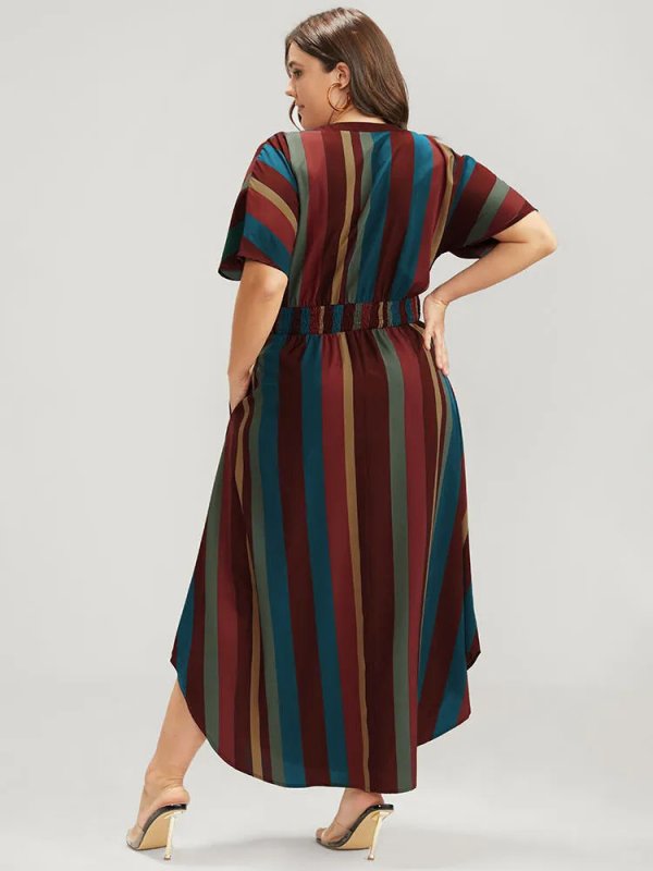 Striped Dolman Sleeve  Pocket Shirred Flutter Wrap Dress