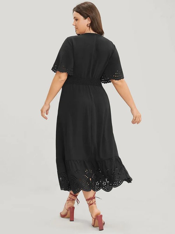 Solid Laser Cut Shirred Pocket Wrap Scalloped Trim Flutter Dress