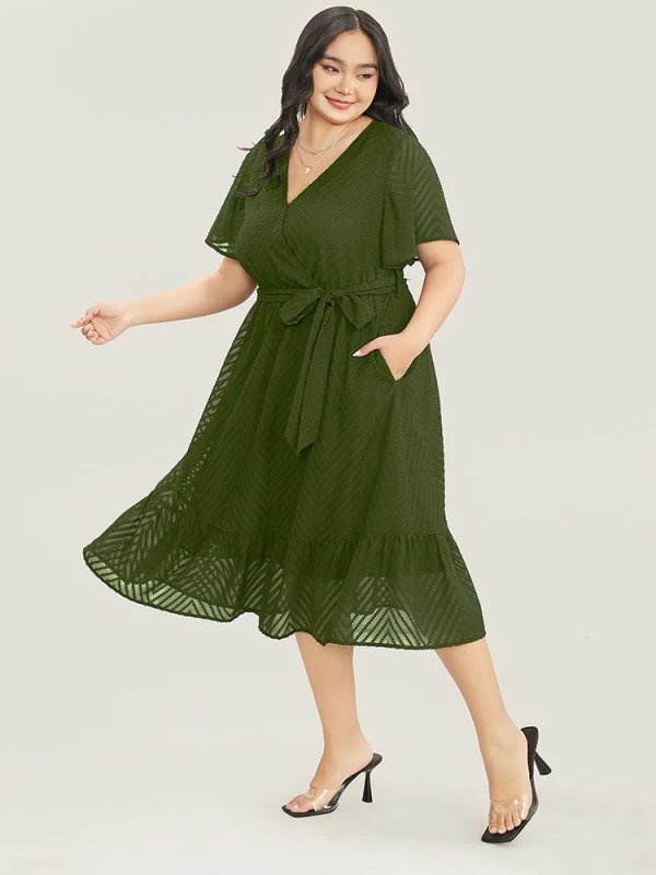 Plain Geometric Pocket Mesh Ruffle Sleeve Belted Wrap Dress