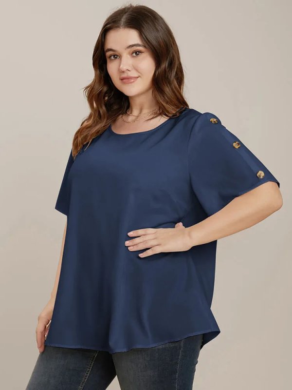 Plain Round Neck Button Detail Blouse
