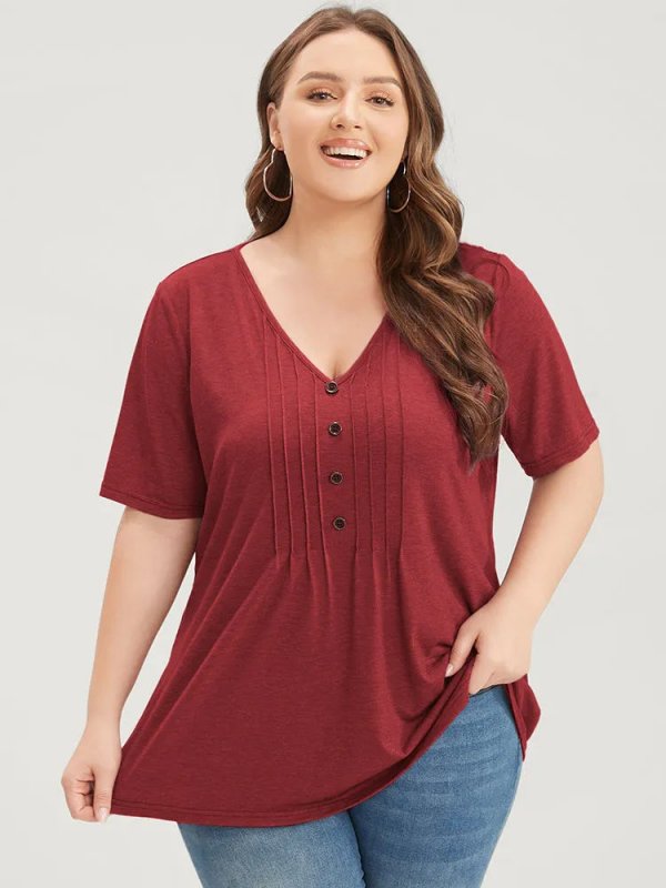Solid Pleated Front Button Detail V Neck T-shirt