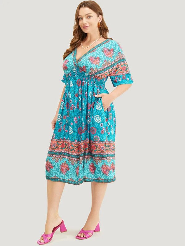 Floral Dolman Sleeve Ruffles Shirred Split Hem Dress