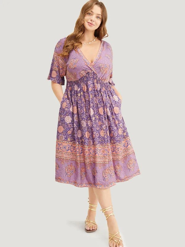 Floral Dolman Sleeve Ruffles Shirred Split Hem Dress