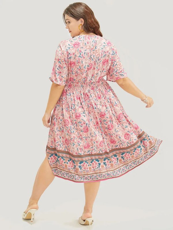 Floral Dolman Sleeve Ruffles Shirred Split Hem Dress