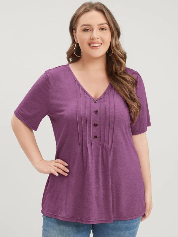 Solid Pleated Front Button Detail V Neck T-shirt