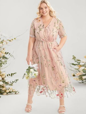 Floral Embroidered Pocket Mesh Elastic Waist Surplice Neck  Dress