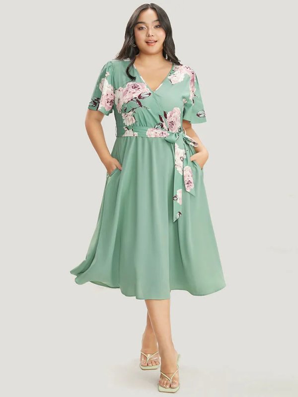 Floral Printed Pocket Ruffles Surplice Neck Belted Midi Dress