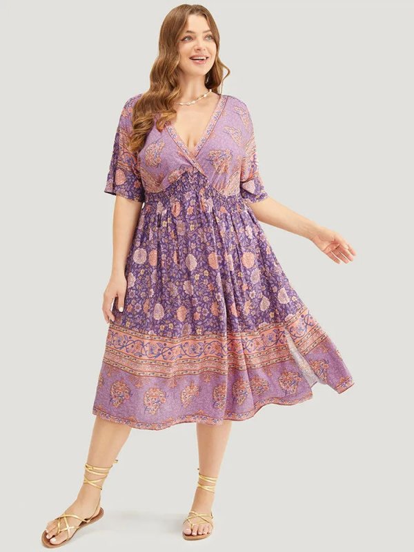 Floral Dolman Sleeve Ruffles Shirred Split Hem Dress