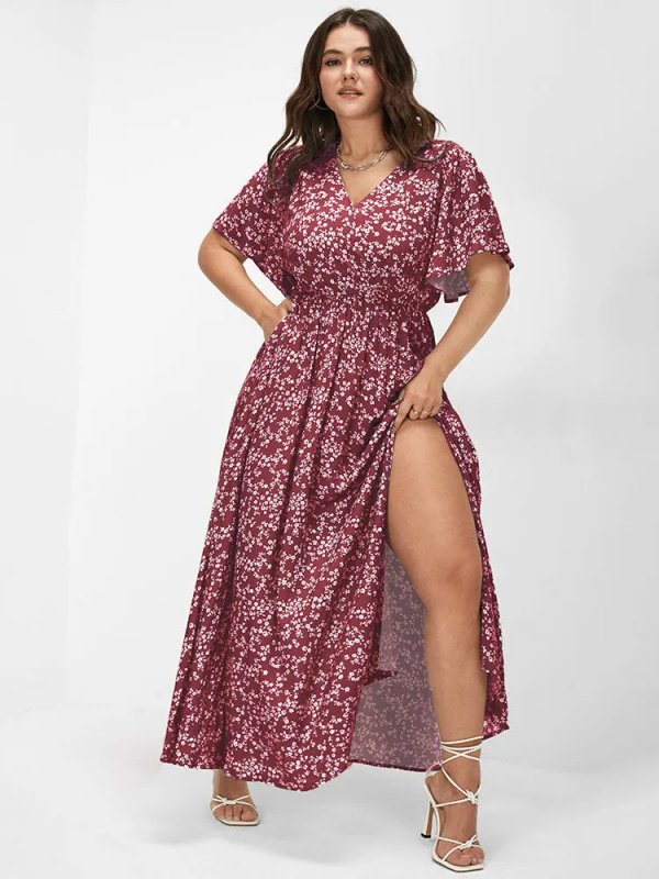 [Hot Sale] Flutter Sleeve Ditsy Floral Pocket Split Maxi Dress