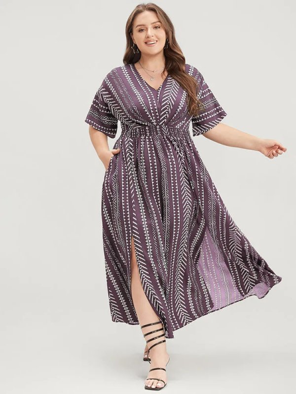 Solid Geometric Dolman Sleeve Pocket Shirred Split Hem Dress