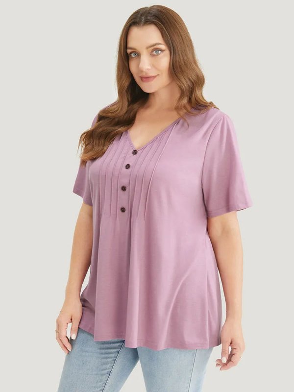 Solid Pleated Front Button Detail V Neck T-shirt