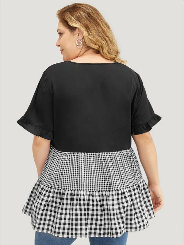 Gingham Patchwork Ruffle Sleeve Tiered Hem Blouse