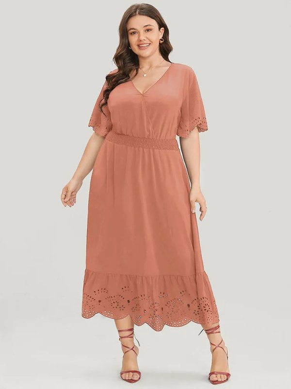 Solid Laser Cut Shirred Pocket Wrap Scalloped Trim Flutter Dress