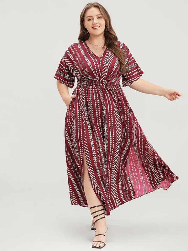 Solid Geometric Dolman Sleeve Pocket Shirred Split Hem Dress