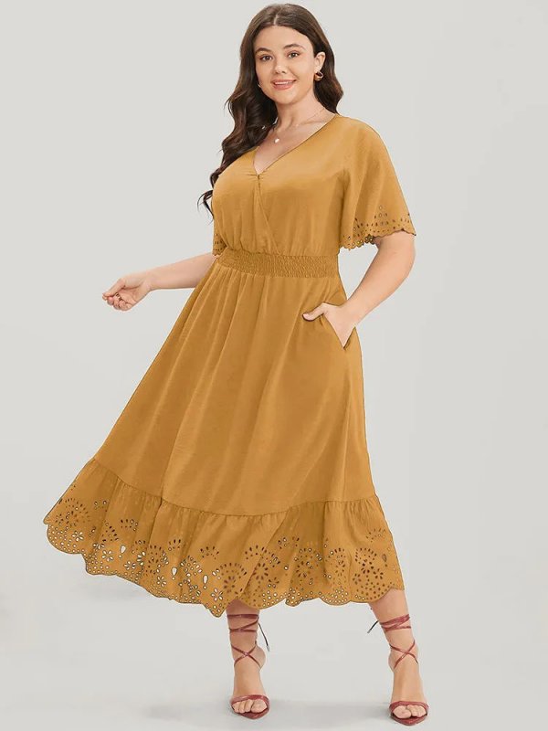 Solid Laser Cut Shirred Pocket Wrap Scalloped Trim Flutter Dress