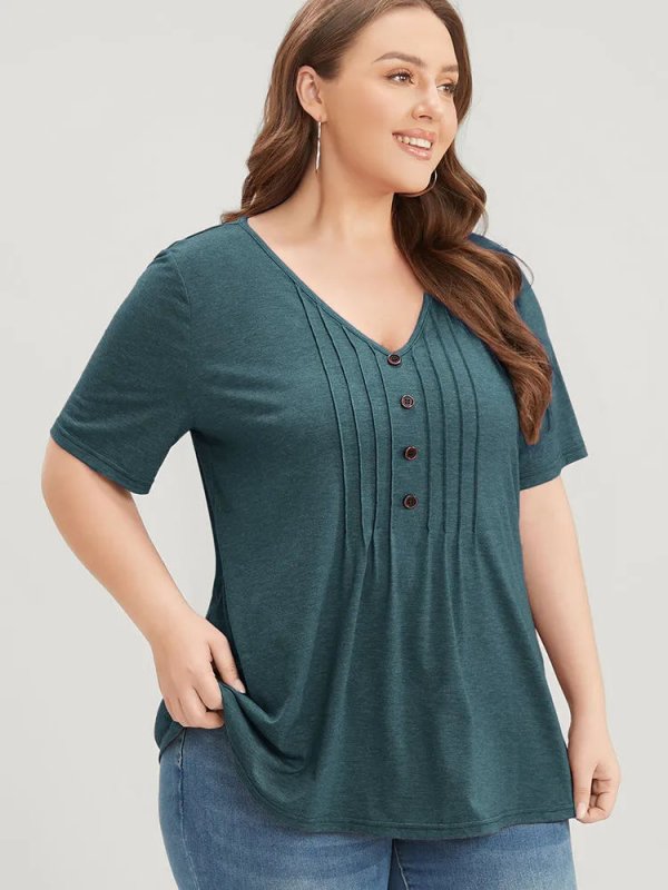 Solid Pleated Front Button Detail V Neck T-shirt