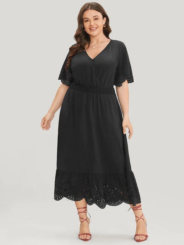 Solid Laser Cut Shirred Pocket Wrap Scalloped Trim Flutter Dress