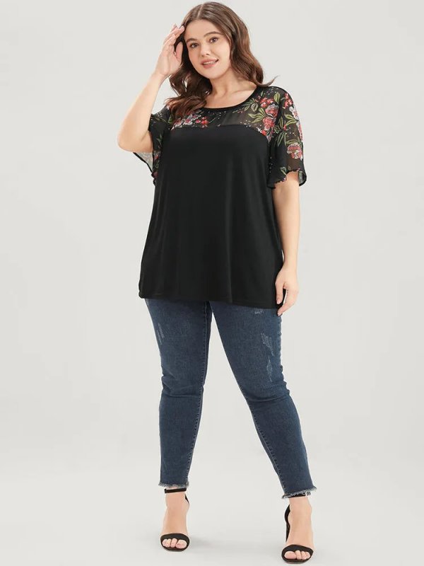 Floral Mesh Patchwork Ruffle Sleeve T-shirt