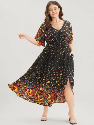 Floral Printed Pocket V Neck Shirred Split Hem Dress