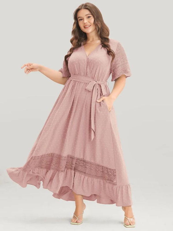 Solid Wrap Pocket Belted Contrast Lace Ruffle Trim Maxi Dress