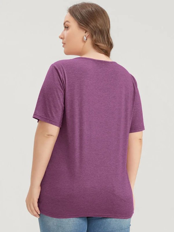 Solid Pleated Front Button Detail V Neck T-shirt