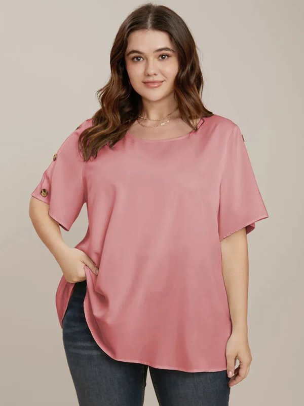 Plain Round Neck Button Detail Blouse