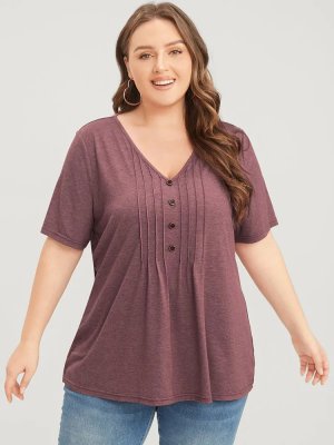 Solid Pleated Front Button Detail V Neck T-shirt