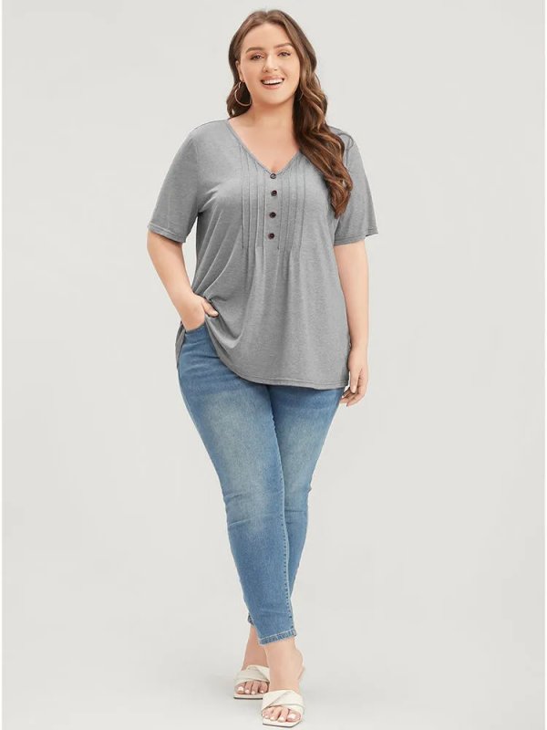 Solid Pleated Front Button Detail V Neck T-shirt