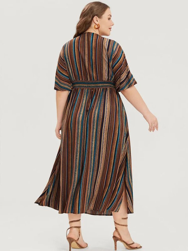 Striped Contrast Dolman Sleeve Shirred Pocket Split Flutter Dress