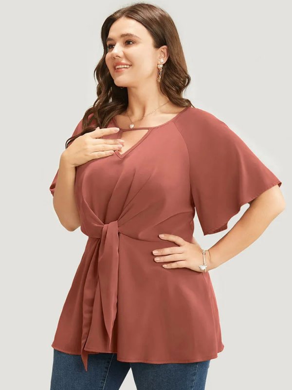 Plain Keyhole Knotted Front Ruffle Sleeve Blouse