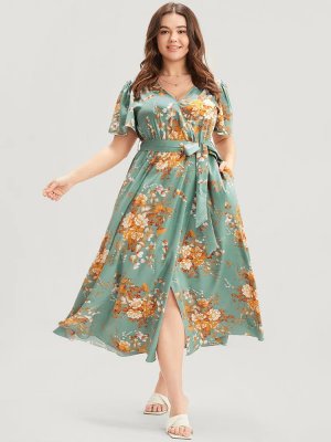 Floral Print Surplice Neck Ruffles Pocket Belted Split Hem Dress