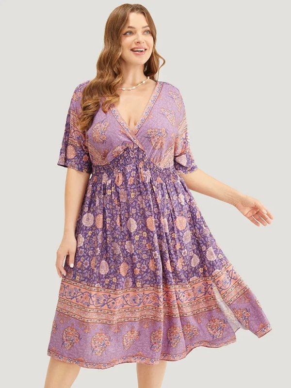 Floral Dolman Sleeve Ruffles Shirred Split Hem Dress