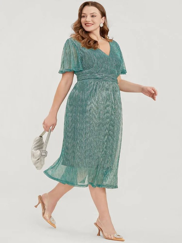 Glitter Mesh Surplice Neck Ruffle Sleeve Pocket Midi Dress